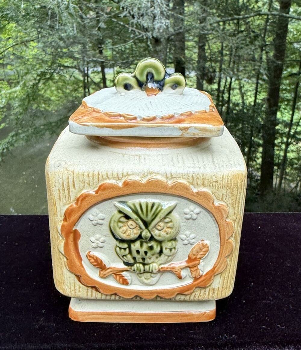 Vintage MCM 1960’s Owl Pottery Tea Jar With Cork Lid Rare!